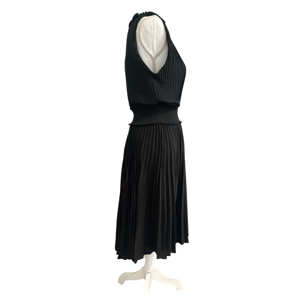 Nanette Lepore Black Pleated Midi Dress Smocked Waist Mock Neck Sleeveless 14 - Picture 4 of 7